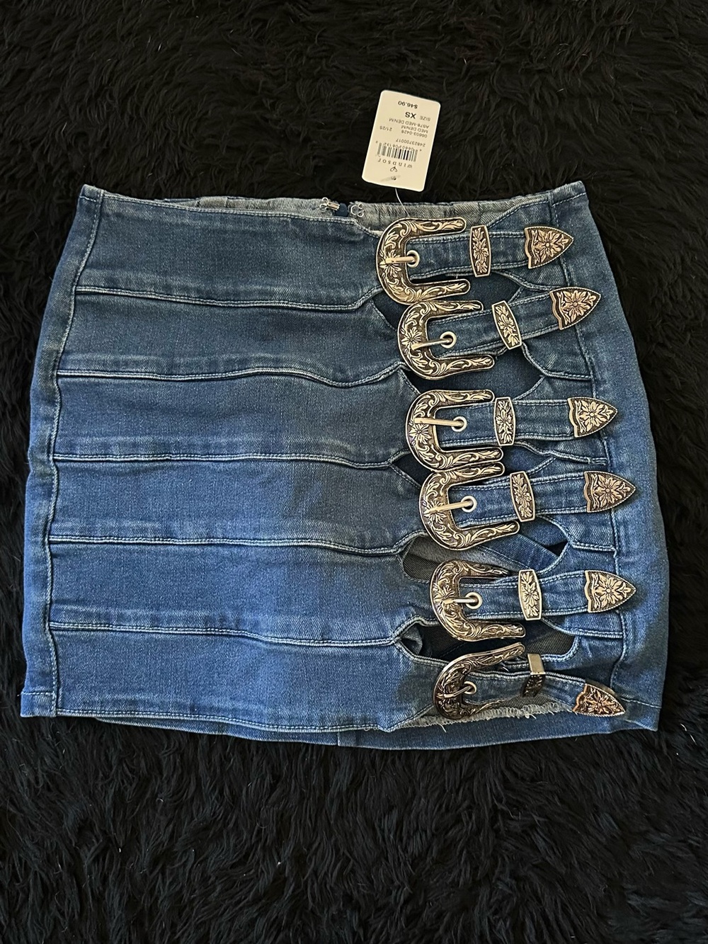 Windsor Denim Mini Skirt with Western Buckle Detail - Blue